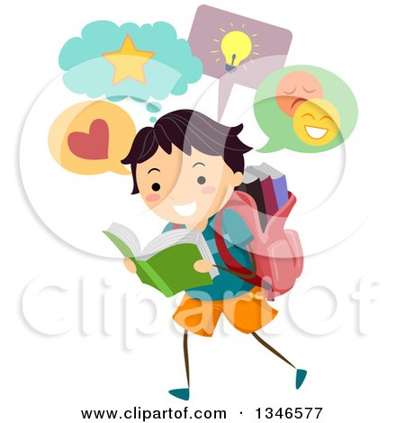 Clipart of a Happy School Boy Walking and Reading While Thinking - Royalty Free Vector Illustration by BNP Design Studio