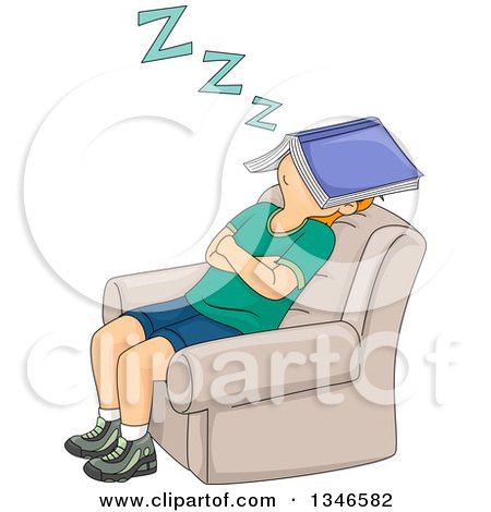 Clipart of a Red Haired Caucasian Boy Snoozing in a Chair with a Book over His Face - Royalty Free Vector Illustration by BNP Design Studio