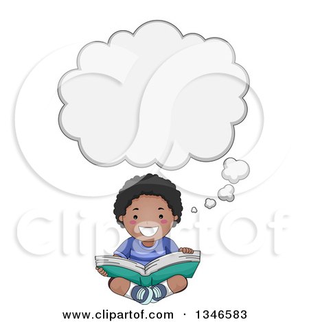Clipart of a Happy Black Boy Sitting on the Floor, Thinking and Readint a Book - Royalty Free Vector Illustration by BNP Design Studio