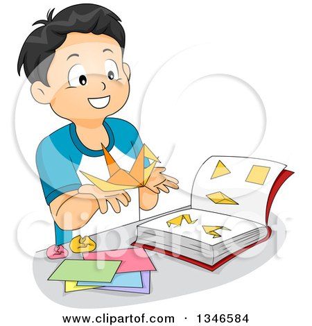 Clipart of a Happy Boy Leaning How to Make Origami from a Book - Royalty Free Vector Illustration by BNP Design Studio