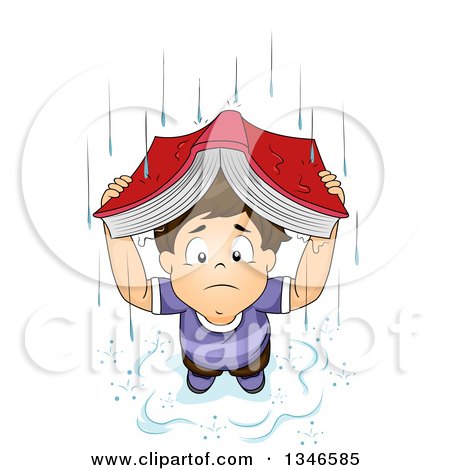 Clipart of a Sad Brunette Caucasian Boy Caught in a Rain Storm, Using a Book As Shelter - Royalty Free Vector Illustration by BNP Design Studio