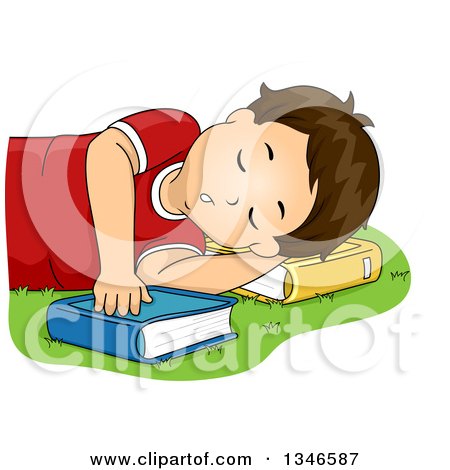 Clipart of a Brunette Caucasian Boy Sleeping on a Lawn and Using a Book As a Pillow - Royalty Free Vector Illustration by BNP Design Studio