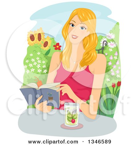 Clipart of a Happy Blond Caucasian Woman Reading a Book with Juice in a Garden - Royalty Free Vector Illustration by BNP Design Studio