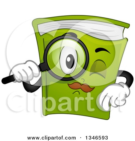 Clipart of a Cartoon Green Book Mascot Using a Magnifying Glass - Royalty Free Vector Illustration by BNP Design Studio