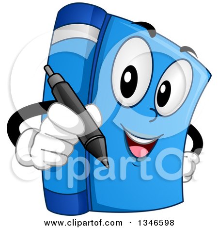 Clipart of a Cartoon Blue Book Mascot Holding a Signing Pen - Royalty Free Vector Illustration by BNP Design Studio