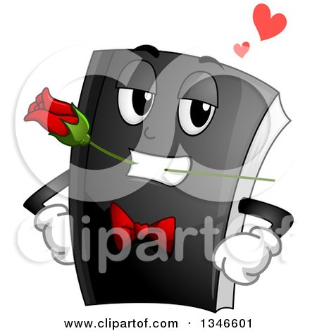 Clipart of a Black Book Mascot Wearing a Tux Tie and Biting a Rose - Royalty Free Vector Illustration by BNP Design Studio