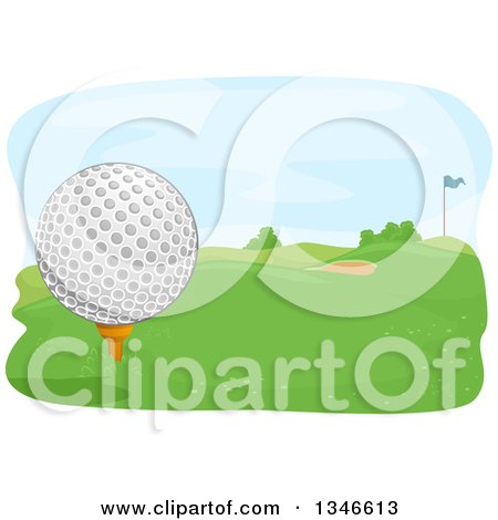 Clipart of a Golf Ball on a Tee, with a View of the Course - Royalty Free Vector Illustration by BNP Design Studio
