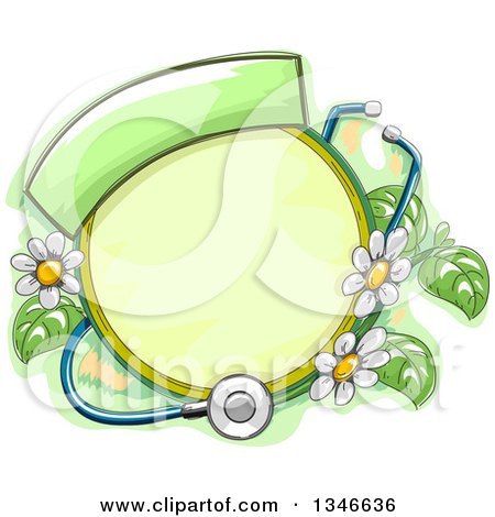 Clipart of a Sketched Round Frame with Herbal Plants, Flowers and a Stethoscope - Royalty Free Vector Illustration by BNP Design Studio