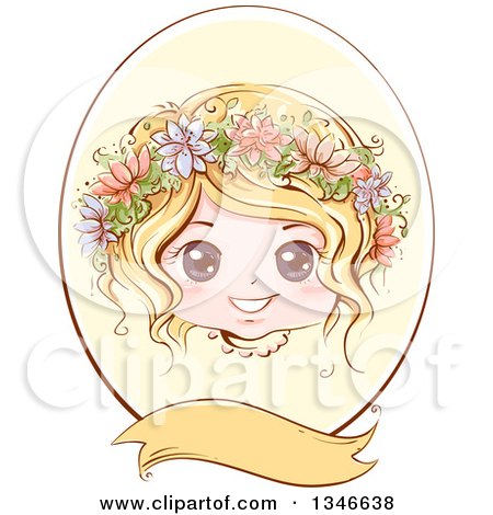 Clipart of a Retro Styled Blond Caucasian Girl with Flowers in Her Hair, Inside an Oval Frame with a Blank Banner - Royalty Free Vector Illustration by BNP Design Studio