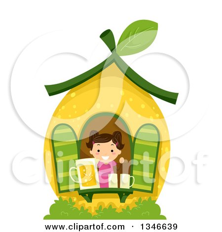 Clipart of a Cartoon Happy Brunette Caucasian Girl in a Lemon House, with Lemonade at the Window - Royalty Free Vector Illustration by BNP Design Studio
