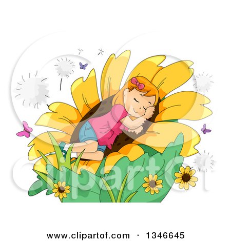 Clipart of a Cartoon Red Haired Caucasian Girl Sleeping in a Giant Sunflwoer - Royalty Free Vector Illustration by BNP Design Studio
