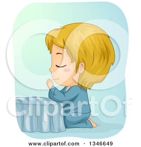 Clipart of a Cartoon Blond Caucasian Boy Kneeling and Praying at the Foot of His Bed - Royalty Free Vector Illustration by BNP Design Studio