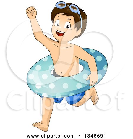 Clipart of a Happy Brunette Caucasian Boy Wearing Goggles on His Head and Running with an Inner Tube - Royalty Free Vector Illustration by BNP Design Studio