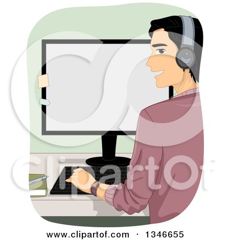 Clipart of a Rear View of a Black Haired Man Looking Back, Wearing Headphones and Working on a Desktop Computer - Royalty Free Vector Illustration by BNP Design Studio