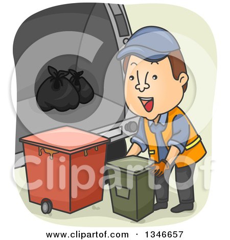 Clipart of a Cartoon Brunette Caucasian Garbage Man with Canisters - Royalty Free Vector Illustration by BNP Design Studio