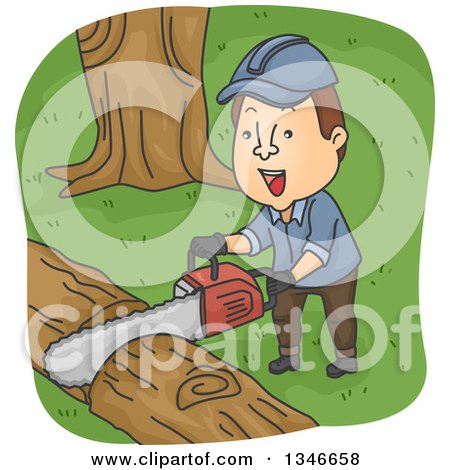 Clipart of a Cartoon Brunette Caucasian Logger Cutting with a Chainsaw - Royalty Free Vector Illustration by BNP Design Studio