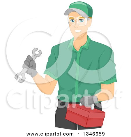 Clipart of a Happy Caucasian Mechanic Holding a Wrench and Tool Box - Royalty Free Vector Illustration by BNP Design Studio