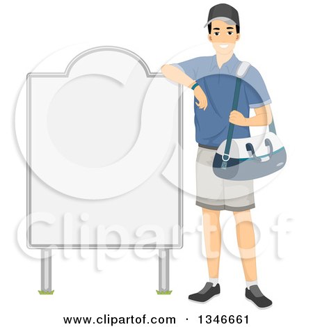 Clipart of a Happy Male Athlete Holding a Bag and Leaning Against a Blank Sign - Royalty Free Vector Illustration by BNP Design Studio