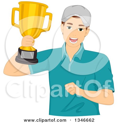 Clipart of a Happy Caucasian Male Athlete Holding up a Gold Trophy - Royalty Free Vector Illustration by BNP Design Studio