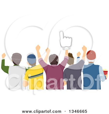 Clipart of a Rear View of a Group of Male Sports Fans Cheering, One with a Foam Finger - Royalty Free Vector Illustration by BNP Design Studio