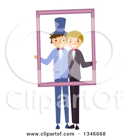 Clipart of a Happy Gay Wedding Couple Holding a Frame for a Wedding Picture - Royalty Free Vector Illustration by BNP Design Studio