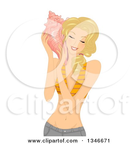 Clipart of a Happy Blond Caucasian Woman Holding and Listening to a Large Conch Sea Shell - Royalty Free Vector Illustration by BNP Design Studio