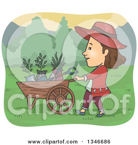 Clipart of a Cartoon Brunette Caucasian Woman Pushing a Wheelbarrow of Garden Tools and Plants - Royalty Free Vector Illustration by BNP Design Studio