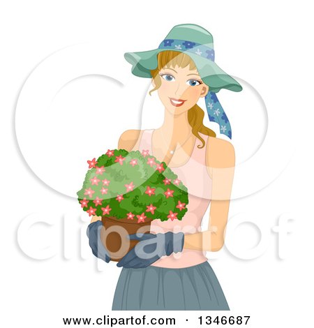 Clipart of a Happy Dirty Blond Caucasian Woman Carrying a Flower Pot - Royalty Free Vector Illustration by BNP Design Studio