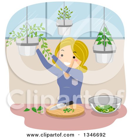 Clipart of a Cartoon Blond Caucasian Woman Gathering Culinary Herbs from Hanging Plants - Royalty Free Vector Illustration by BNP Design Studio