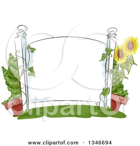 Clipart of a Blank White Sign with Sunflowers and a Potted Plant - Royalty Free Vector Illustration by BNP Design Studio