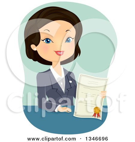 Clipart of a Cartoon Black Haired Business Woman or Insurance Agent Holding a Certificate - Royalty Free Vector Illustration by BNP Design Studio