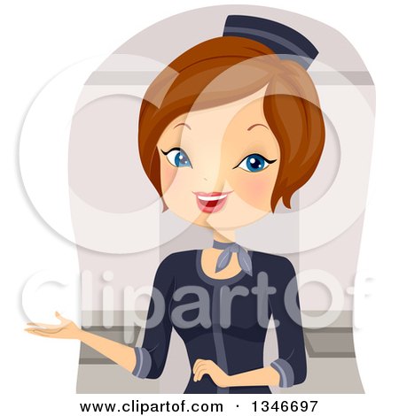 Clipart of a Cartoon Brunette Caucasian Stewardess Welcoming - Royalty Free Vector Illustration by BNP Design Studio