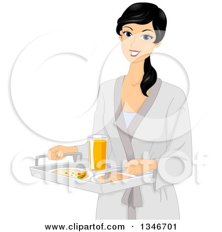 Clipart of a Black Haired Woman in a Robe, Carrying a Tray of Breakfast Foods - Royalty Free Vector Illustration by BNP Design Studio
