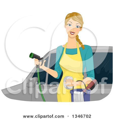 Clipart of a Dirty Blond Caucasian Woman Washing a Car - Royalty Free Vector Illustration by BNP Design Studio