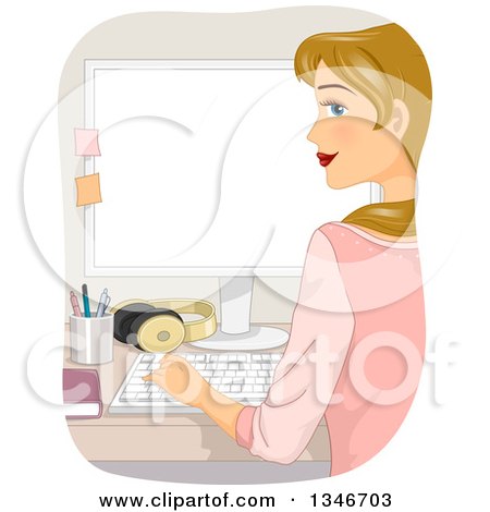 Clipart of a Rear View of a Dirty Blond Caucasian Woman Working at a Desktop Computer - Royalty Free Vector Illustration by BNP Design Studio
