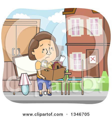 Clipart of a Cartoon Brunette Caucasian Woman Crying and Being Evicted from Her Home - Royalty Free Vector Illustration by BNP Design Studio