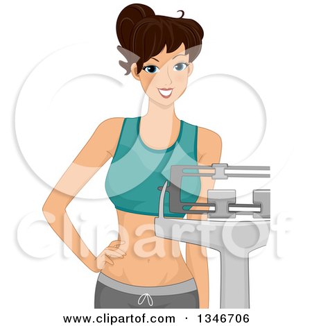 Clipart of a Brunette Caucasian Woman Weighing Herself on a Scale - Royalty Free Vector Illustration by BNP Design Studio