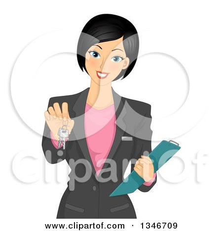 Clipart of a Beautiful Black Haired Real Estate Agent Holding out Keys - Royalty Free Vector Illustration by BNP Design Studio