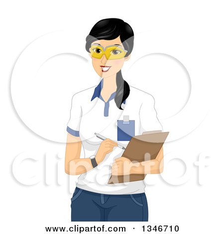 Clipart of a Happy Black Haired Female Scientist Taking Notes on a Clipboard - Royalty Free Vector Illustration by BNP Design Studio