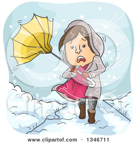 Clipart of a Cartoon Brunette Caucasian Woman Caught in a Snow Storm with an Umbrella - Royalty Free Vector Illustration by BNP Design Studio