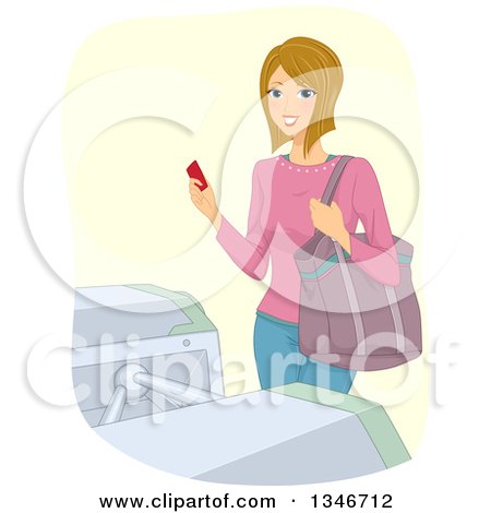 Clipart of a Happy Dirty Blond Caucasian Woman Holding a Ticket at a Turnstile - Royalty Free Vector Illustration by BNP Design Studio
