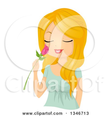 Clipart of a Cartoon Blond Caucasian Woman Smelling a Pink Rose - Royalty Free Vector Illustration by BNP Design Studio