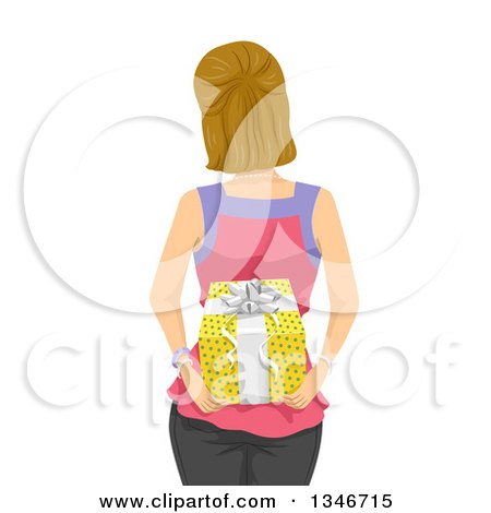 Clipart of a Rear View of a Dirty Blond Caucasian Woman Holding a Gift Behind Her Back - Royalty Free Vector Illustration by BNP Design Studio