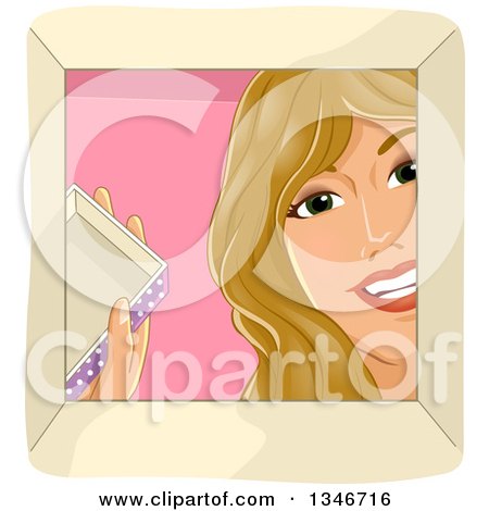 Clipart of a Happy Blond Caucasian Woman Looking down into a Gift Box - Royalty Free Vector Illustration by BNP Design Studio