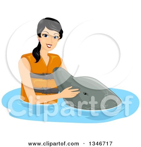 Clipart of a Black Haired Woman Wearing a Life Jacket and Petting a Dolphin - Royalty Free Vector Illustration by BNP Design Studio