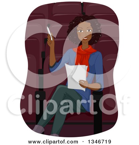 Clipart of a Happy Curly Haired Black Woman Directing in the Theater and Holding a Script - Royalty Free Vector Illustration by BNP Design Studio