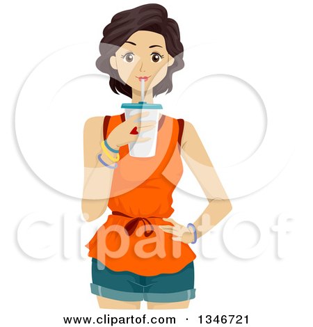 Clipart of a Young Brunette Caucasian Woman Drinking a Beverage - Royalty Free Vector Illustration by BNP Design Studio