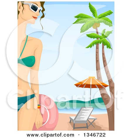 Clipart of a Brunette Caucasian Woman, Shown Half Body, Wearing a Green Bikini and Holding a Hat Against a Tropical Beach - Royalty Free Vector Illustration by BNP Design Studio