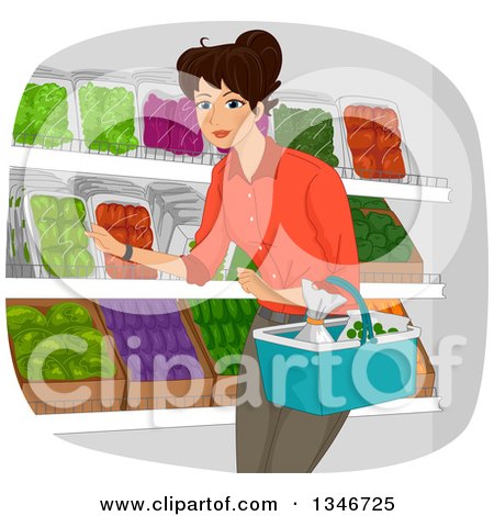 Clipart of a Happy Brunette Woman Shopping in a Grocery Produce Section - Royalty Free Vector Illustration by BNP Design Studio