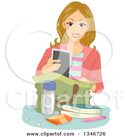 Clipart of a Happy Blond Caucasian Female Student Putting Items in a Bag - Royalty Free Vector Illustration by BNP Design Studio